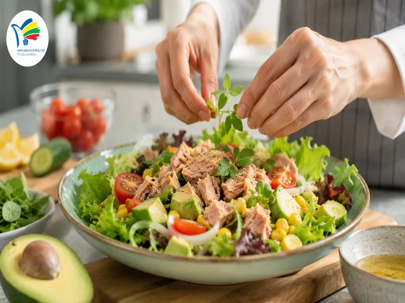 Salad cá ngừ kết hợp rau xanh, rau củ tươi và nước sốt nhẹ nhàng, phù hợp cho thực đơn eat clean hằng ngày. 