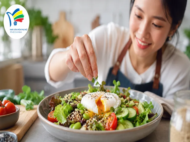 Salad trứng trần với lòng đỏ béo mịn, rau xanh giòn mát và các nguyên liệu cân bằng dinh dưỡng. 