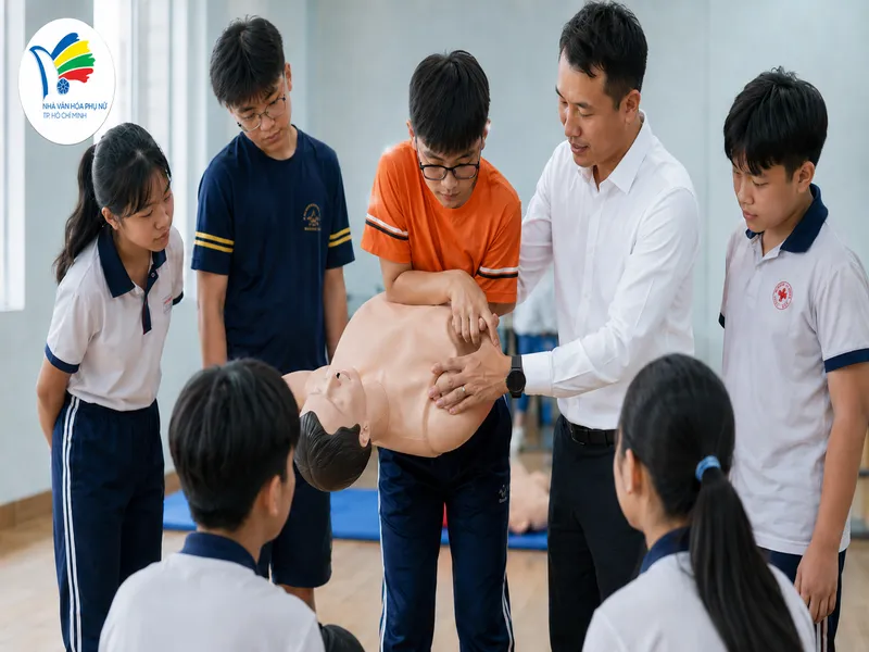 Học viên thực hành kỹ năng xử lý tình huống hóc dị vật dưới sự hướng dẫn của người có chuyên môn.