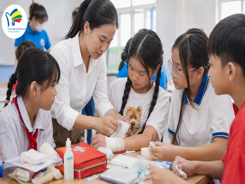 Trẻ được hướng dẫn cách băng bó vết thương và xử lý chảy máu ban đầu trong các tình huống thường gặp.