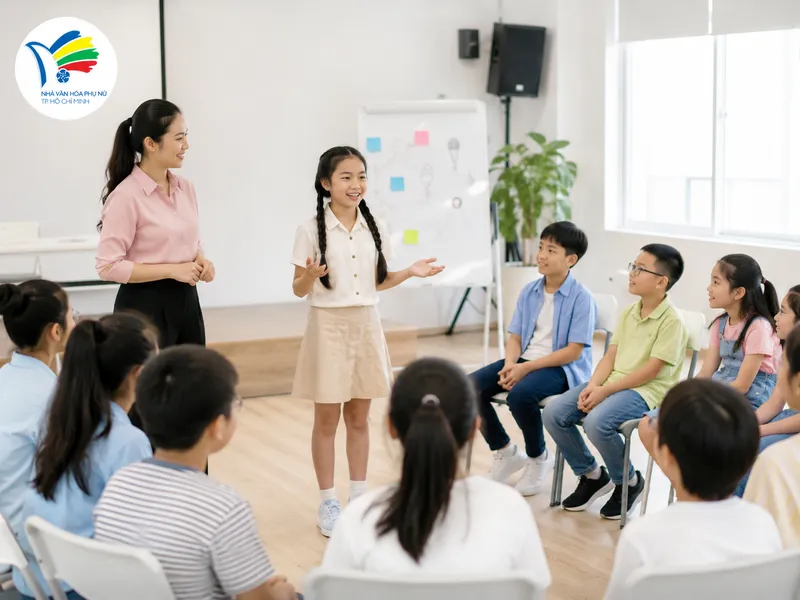 Trẻ thực hành trình bày trước nhóm bạn trong môi trường tích cực, giúp rèn sự tự tin và khả năng diễn đạt rõ ràng.