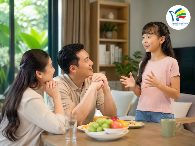 Cha mẹ lắng nghe và động viên con chia sẻ mỗi ngày là nền tảng quan trọng giúp trẻ mạnh dạn hơn khi giao tiếp.