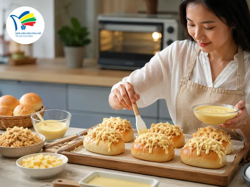 Công đoạn phủ xốt phô mai và chà bông giúp chiếc bánh thêm thơm ngon, đẹp mắt trước khi nướng.