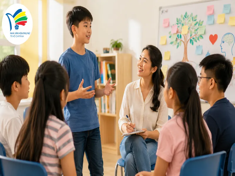 Hoạt động thực hành giao tiếp giúp trẻ mạnh dạn bày tỏ ý kiến, lắng nghe và kết nối tích cực với bạn bè.