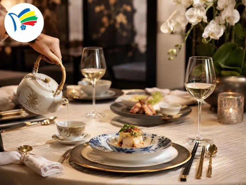 Bàn tiệc được chuẩn bị chỉn chu, hài hòa giữa món ăn, trà, ly và dụng cụ, gợi cảm giác trang trọng nhưng gần gũi. 