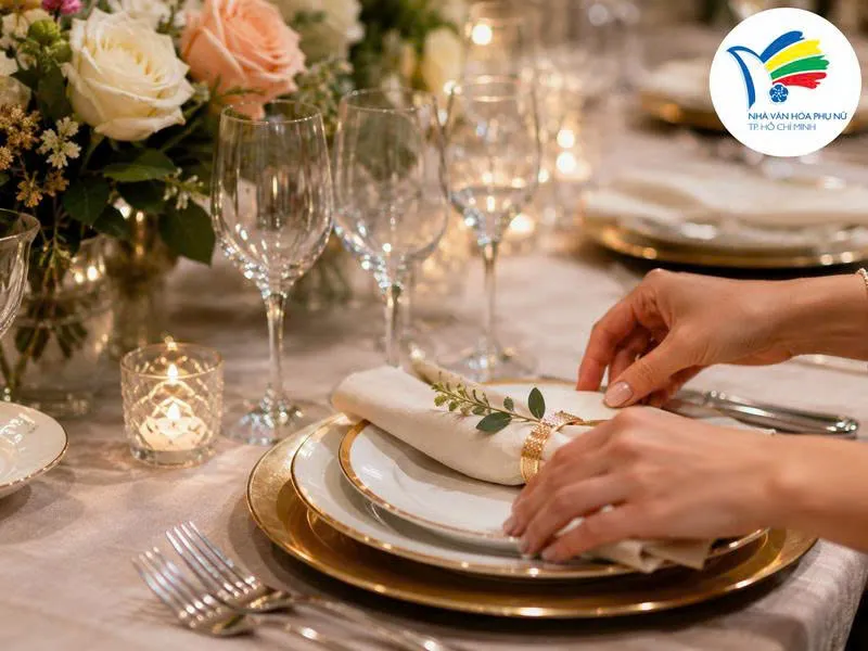 Cách sắp xếp dụng cụ ăn uống, ly và khăn bàn đúng vị trí giúp tạo nên phong thái thanh lịch trên bàn tiệc. 
