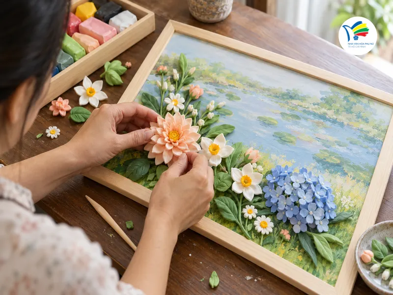 Sắp xếp thử các cụm hoa trên nền tranh giúp người thực hiện cân chỉnh điểm nhấn, khoảng trống và màu sắc trước khi cố định. 