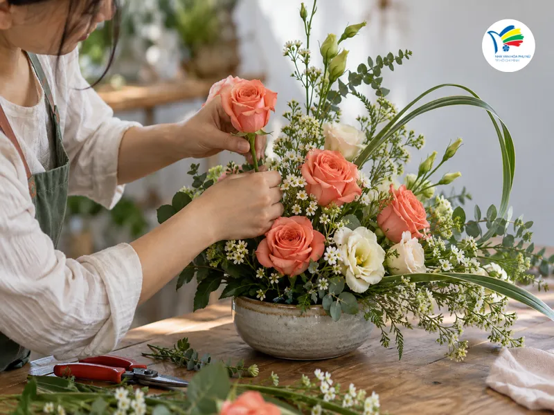 Xác định hoa chính và điều chỉnh hướng cành giúp tạo điểm nhấn rõ ràng cho toàn bộ bố cục. Xác định hoa chính và điều chỉnh hướng cành giúp tạo điểm nhấn rõ ràng cho toàn bộ bố cục.